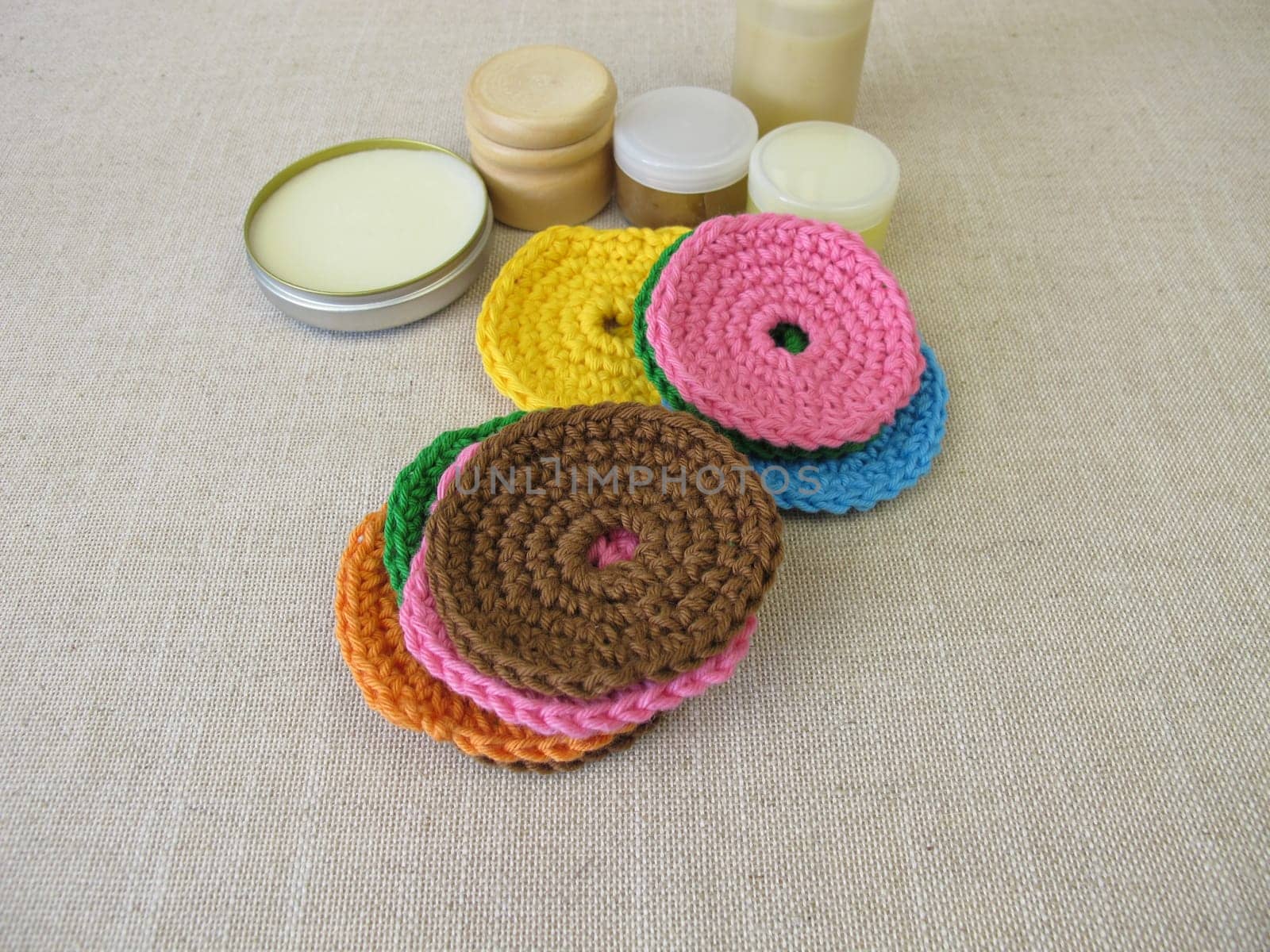 Crocheted, reusable, washable cosmetic pads made of wool for face cleansing