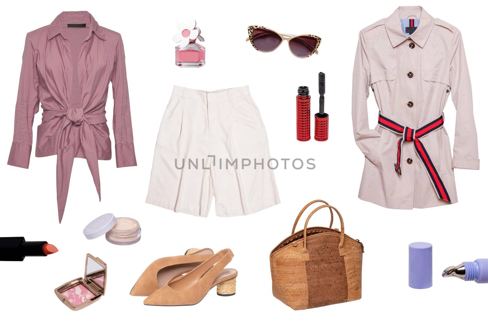 Collage woman clothes. Set of luxurious and stylish elegant female trendy bright trench coat, a blouse or shirt, a handbag, a short pants, shoes and other accessories isolated on a white background. Latest fashion trends.