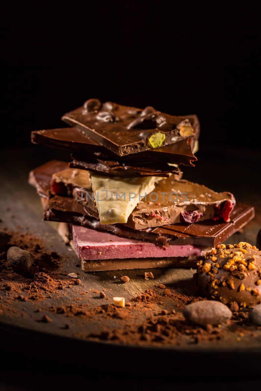 Stack of assorted chocolate with cocoa and cocoa beans on black background