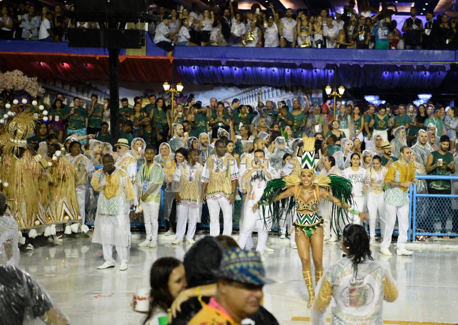 Rio de Janeiro, Brasil-  February 29, 2020: Samba Parade at the 2020 Carnival, Champions Parade, Sambodromo. It's raining