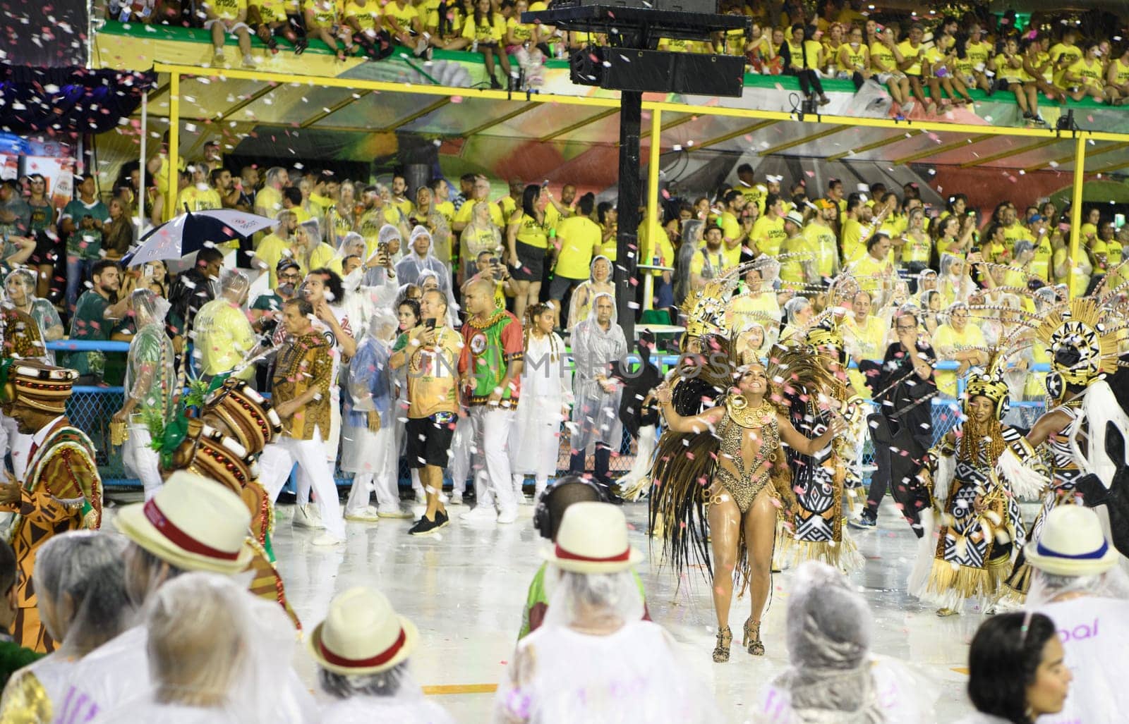 Rio de Janeiro, Brasil-  February 29, 2020: Samba Parade at the 2020 Carnival, Champions Parade, Sambodromo. It's raining
