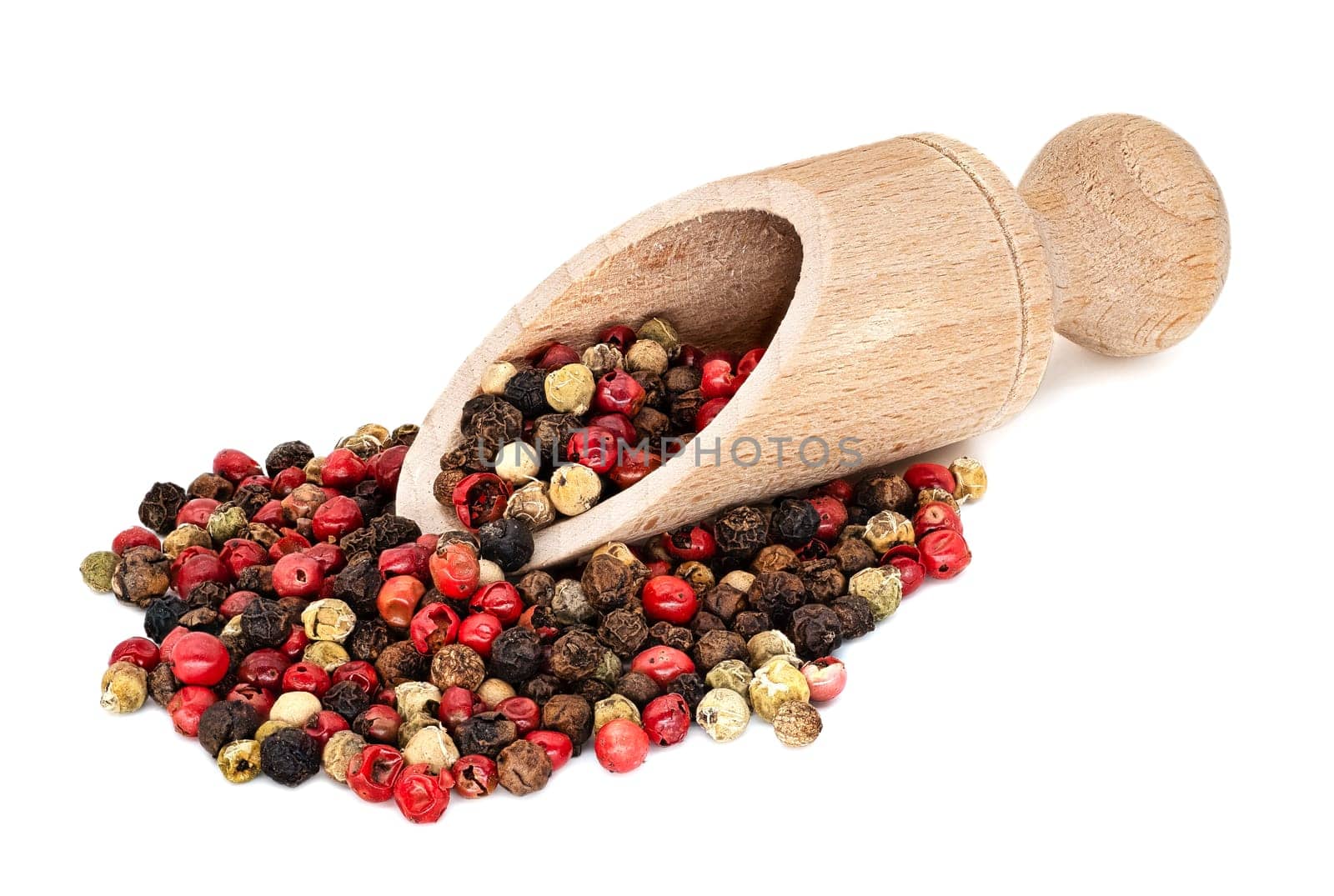 Peppercorn Mixed Colors, close up of ingredient with wooden showel on white background