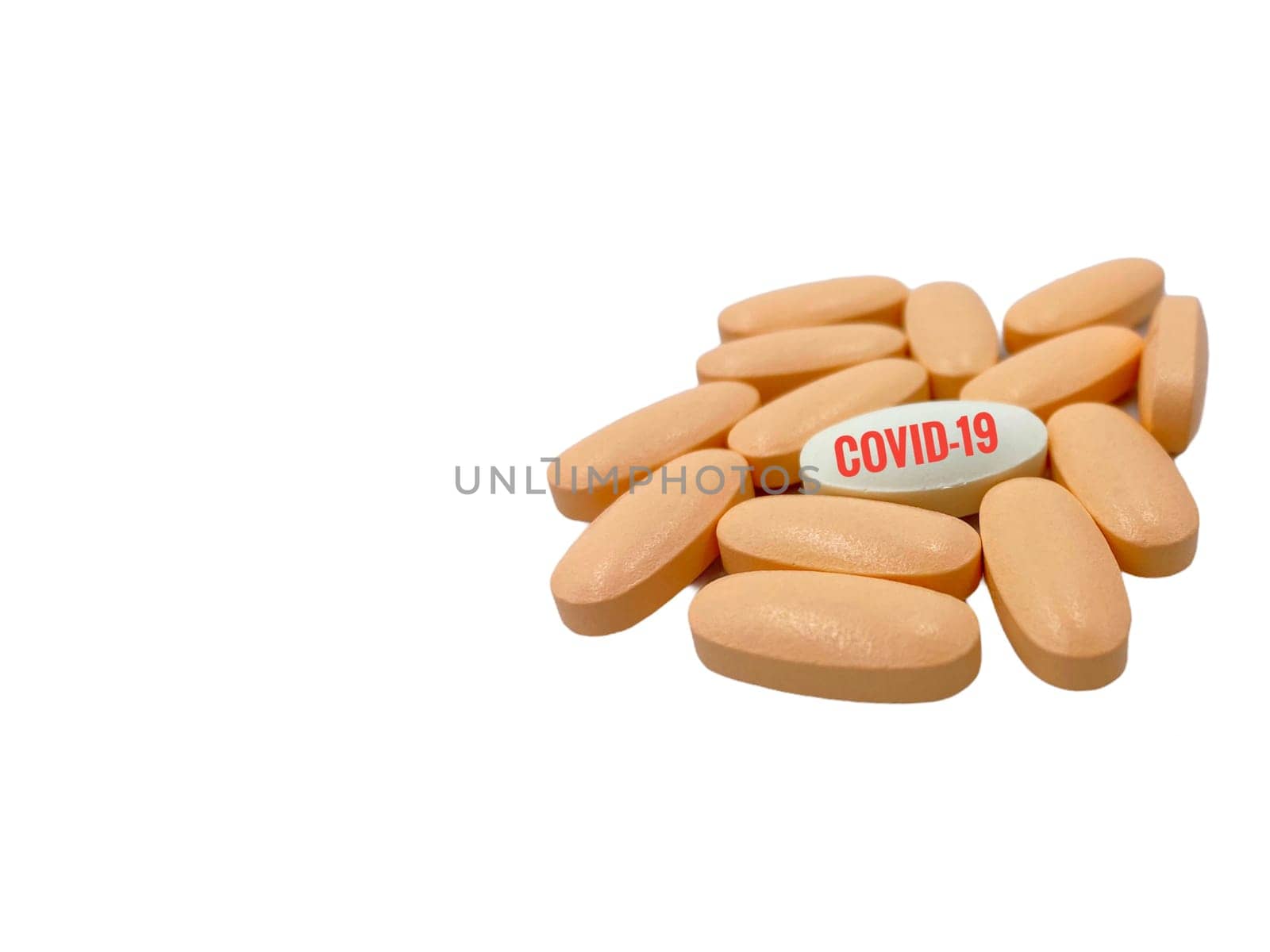 COVID-19 text and pills on white  background. Covid-19 or Coronavirus Concept