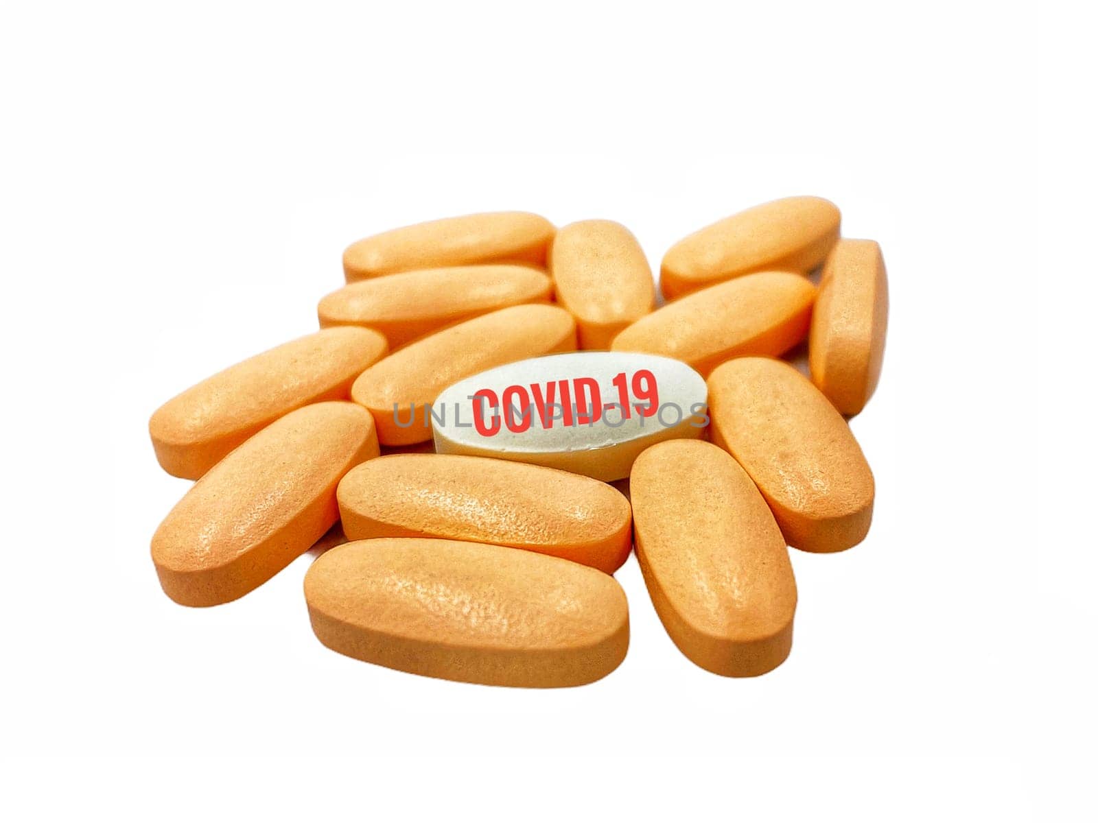 COVID-19 text and pills on white  background. Covid-19 or Coronavirus Concept