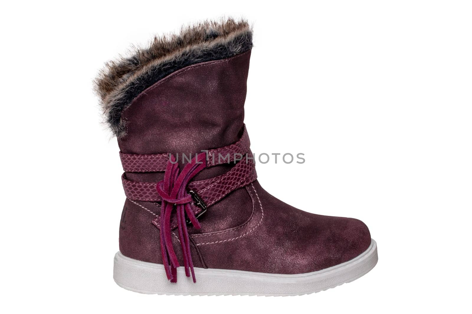Winter shoes isolated. Close-up of a single elegant violet suede leather winter boots and lined with brown fur. Girls winter shoe fashion new trends isolated on a white background. Macro photograph.