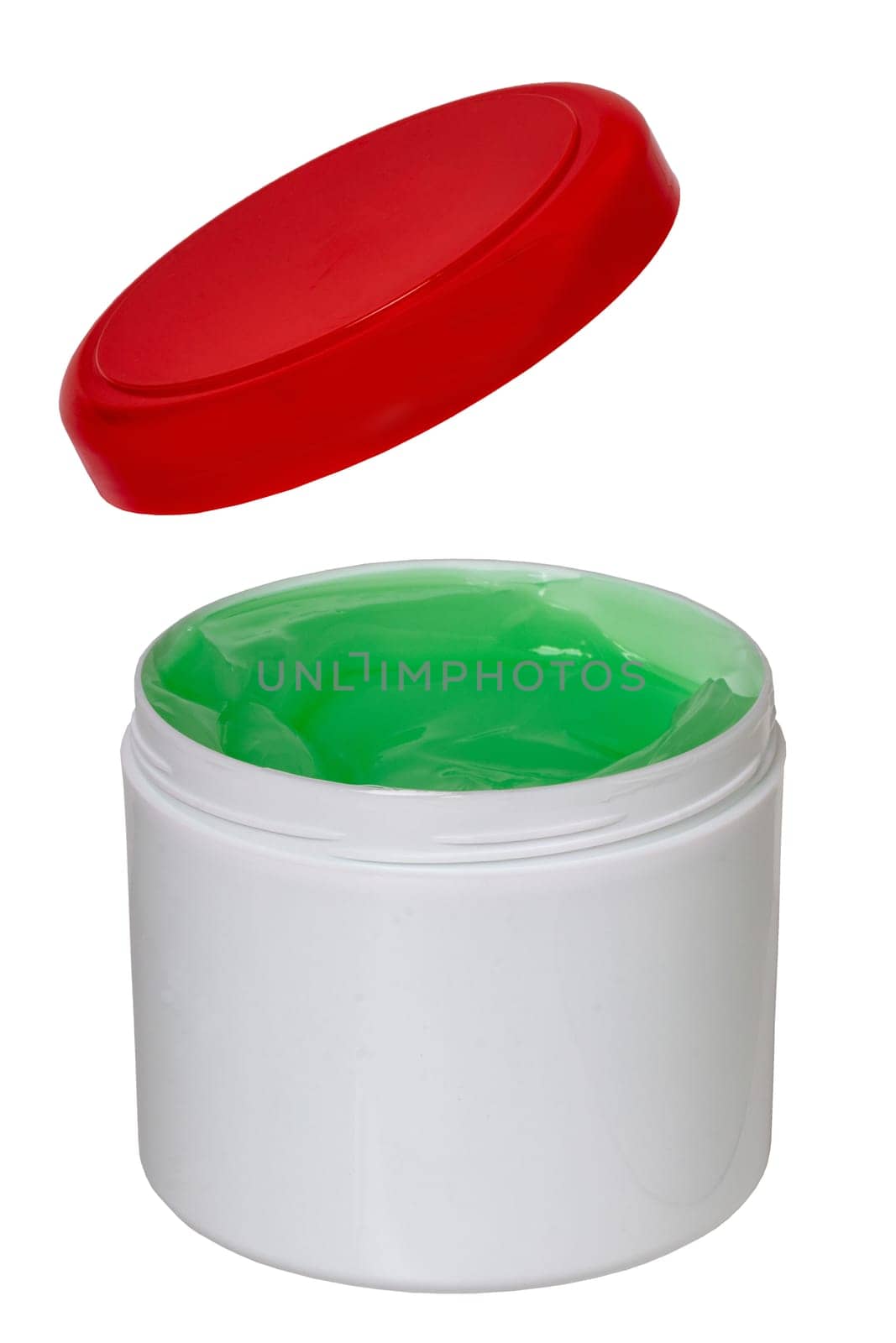 Closeup of a opened white plastic jar or container for cosmetic gel or cream with a red cap isolated on a white background. Empty space. Macro.