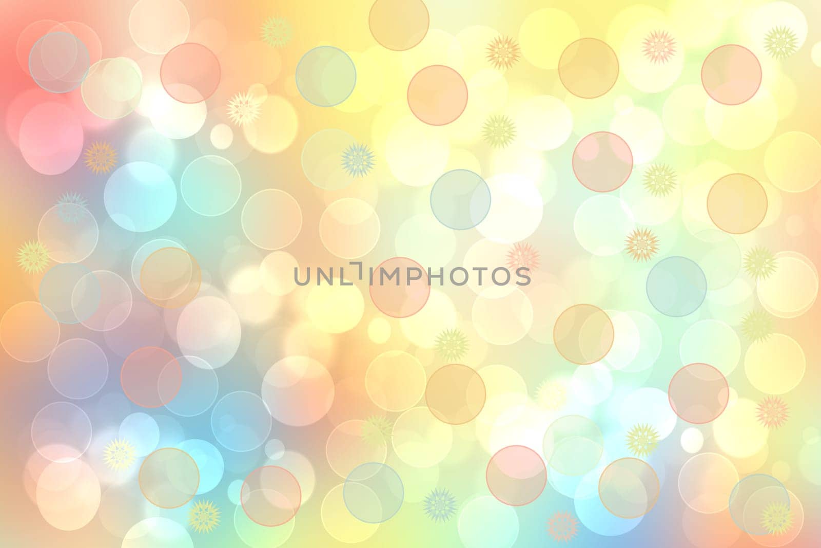 Abstract blurred fresh vivid spring summer light delicate pastel yellow pink orange turquoise bokeh background texture with bright circular soft color lights. Beautiful backdrop illustration.