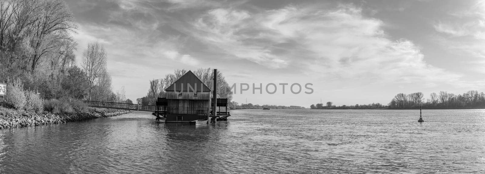 historic rhine river ship mill ginsheim, Hesse, Germany