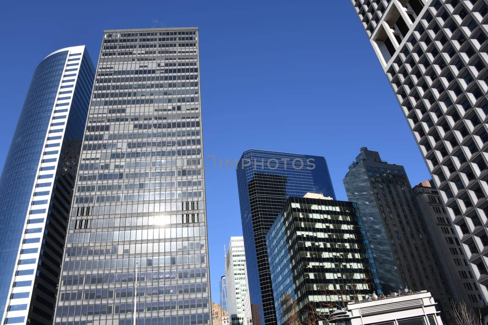 The skyline of skyscrapers in the Financial District in Manhattan,New York.