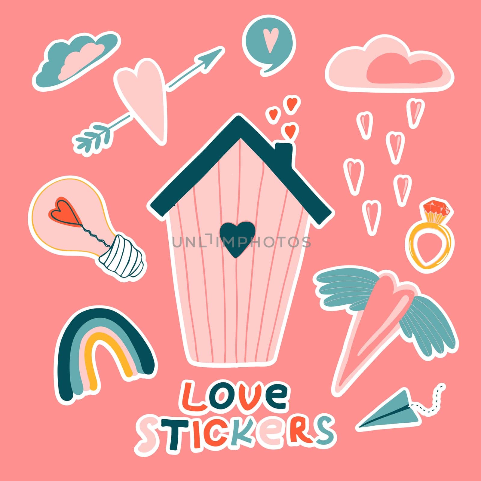 Love stickers. Signs, symbols, items and templates for planners, wedding invitations, notebooks, diaries, and Valentine's Day cards.