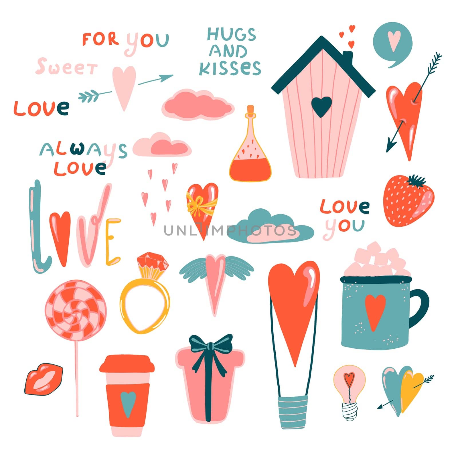 Love stickers. Signs, symbols, items and templates for planners, wedding invitations, notebooks, diaries, and Valentine's Day cards.