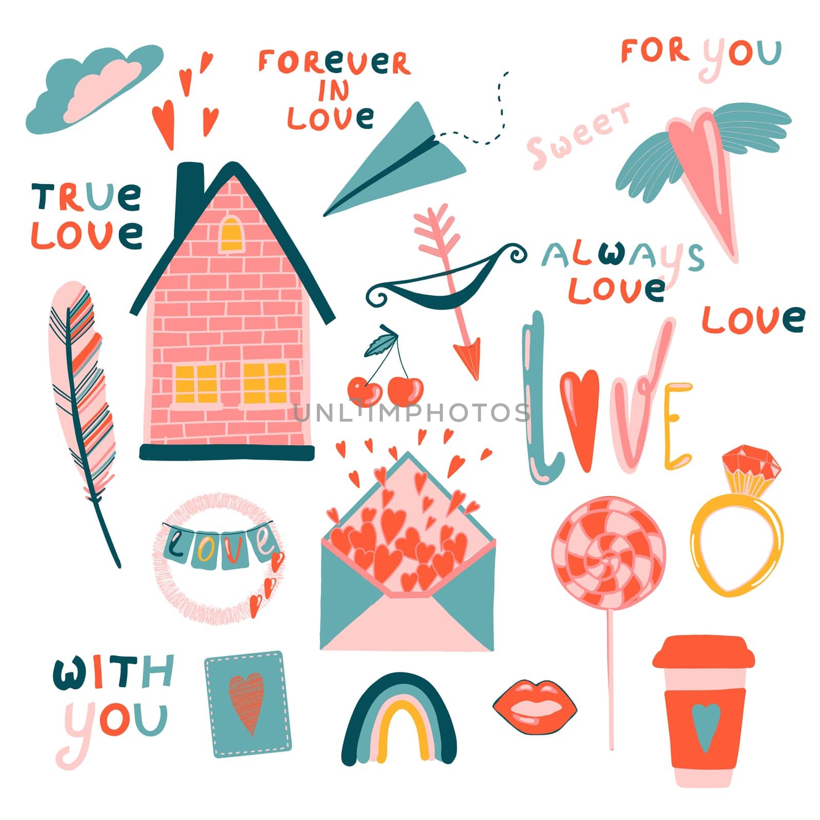 Love stickers. Signs, symbols, items and templates for planners, wedding invitations, notebooks, diaries, and Valentine's Day cards.
