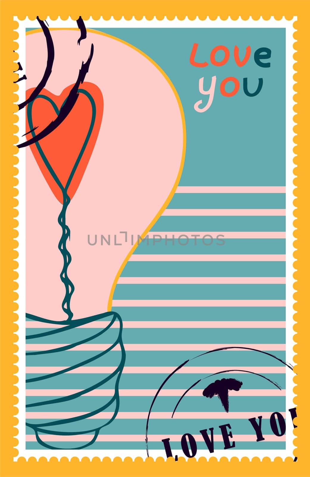 romantic postage stamps. envelopes and cards for valentine's day. Top-down view. Modern vector illustration for web design and print. Retro stamps. Correspondence and postal delivery concept.
