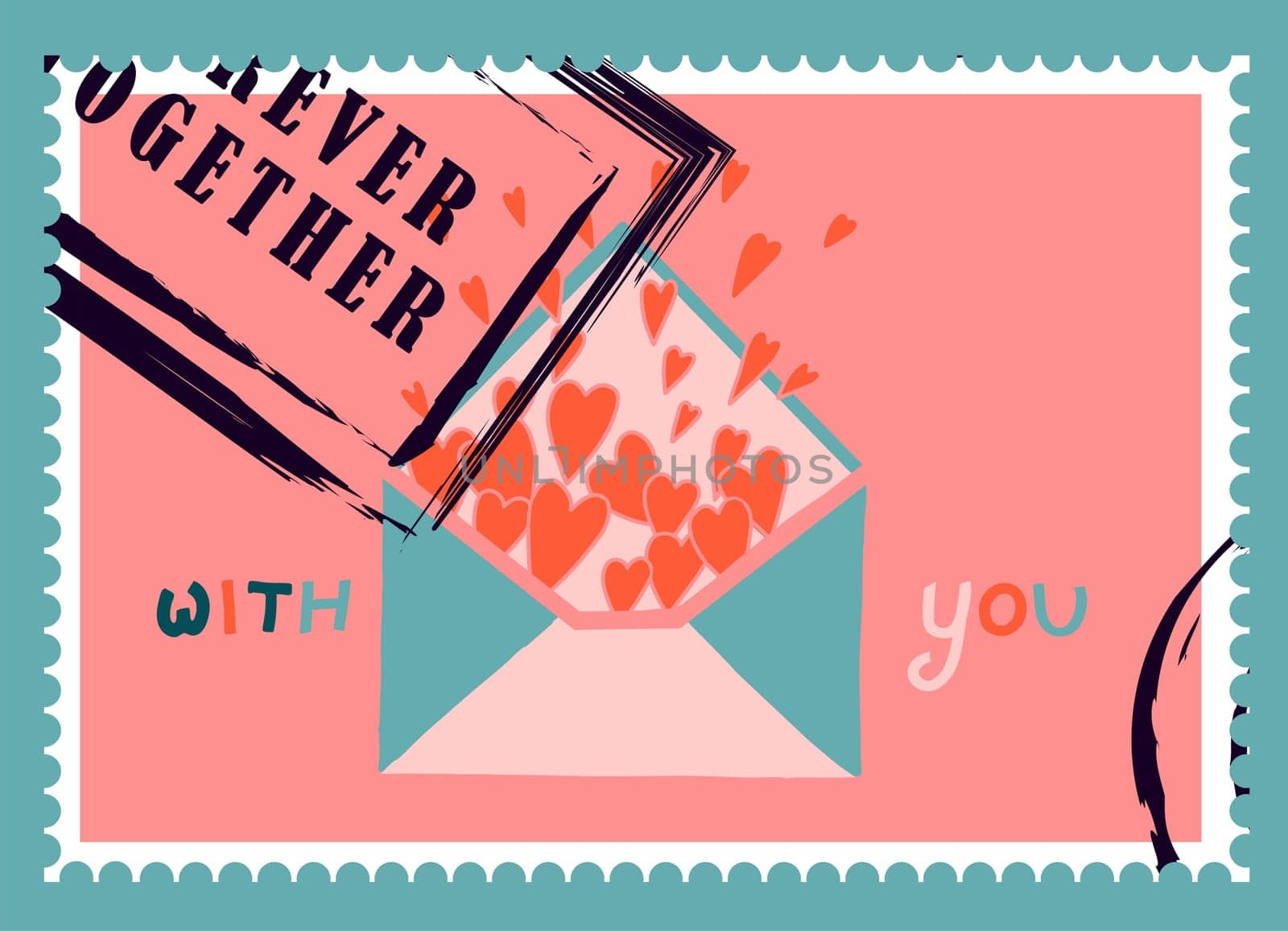 romantic postage stamps. envelopes and cards for valentine's day. Top-down view. Modern vector illustration for web design and print. Retro stamps. Correspondence and postal delivery concept.
