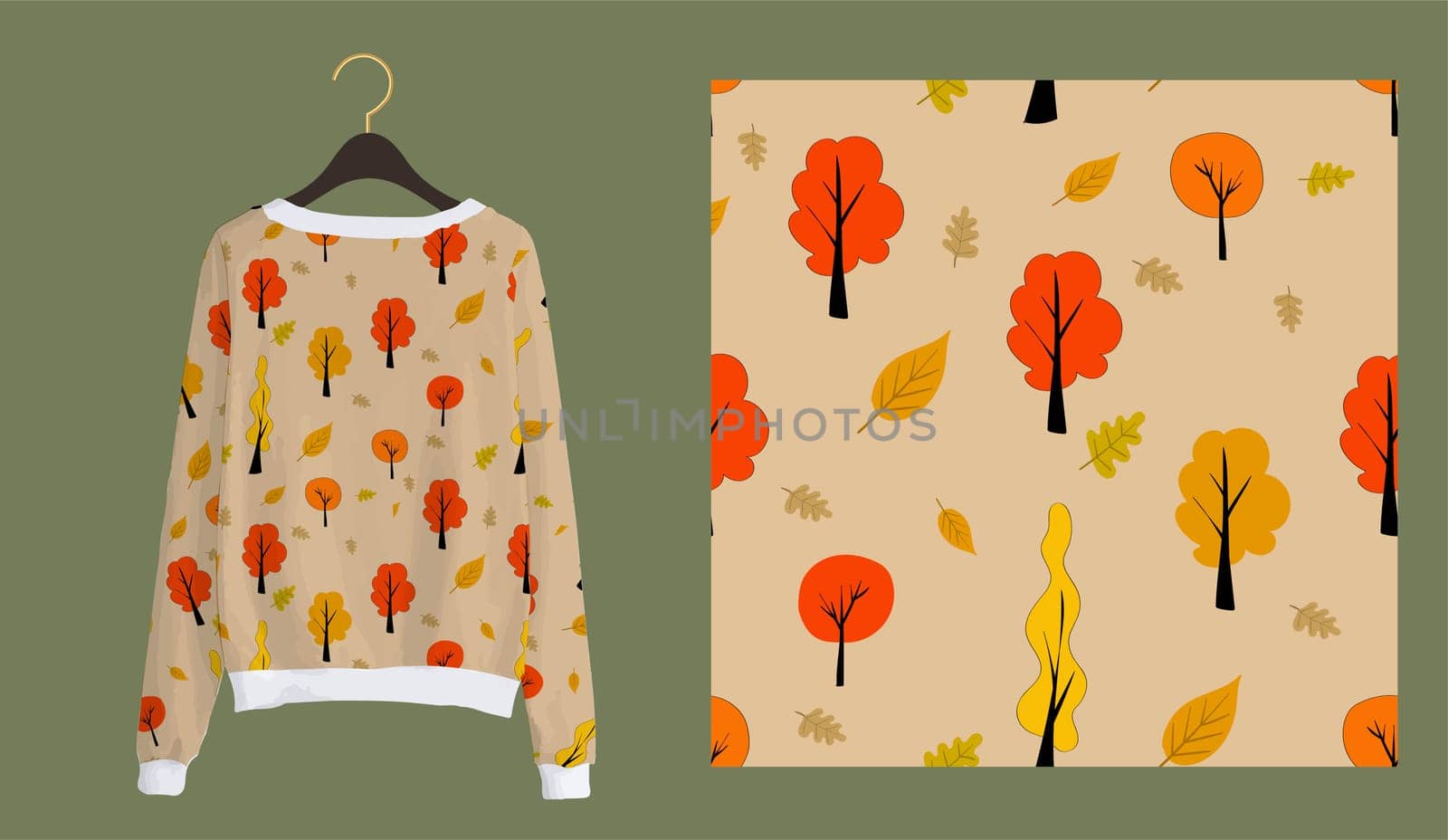Trendy autumn pattern. Trees seamless print. Autumn forest.