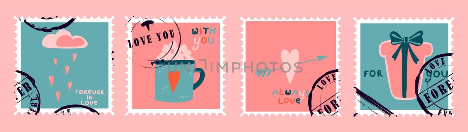 romantic postage stamps. envelopes and cards for valentine's day. Top-down view. Modern vector illustration for web design and print. Retro stamps. Correspondence and postal delivery concept.