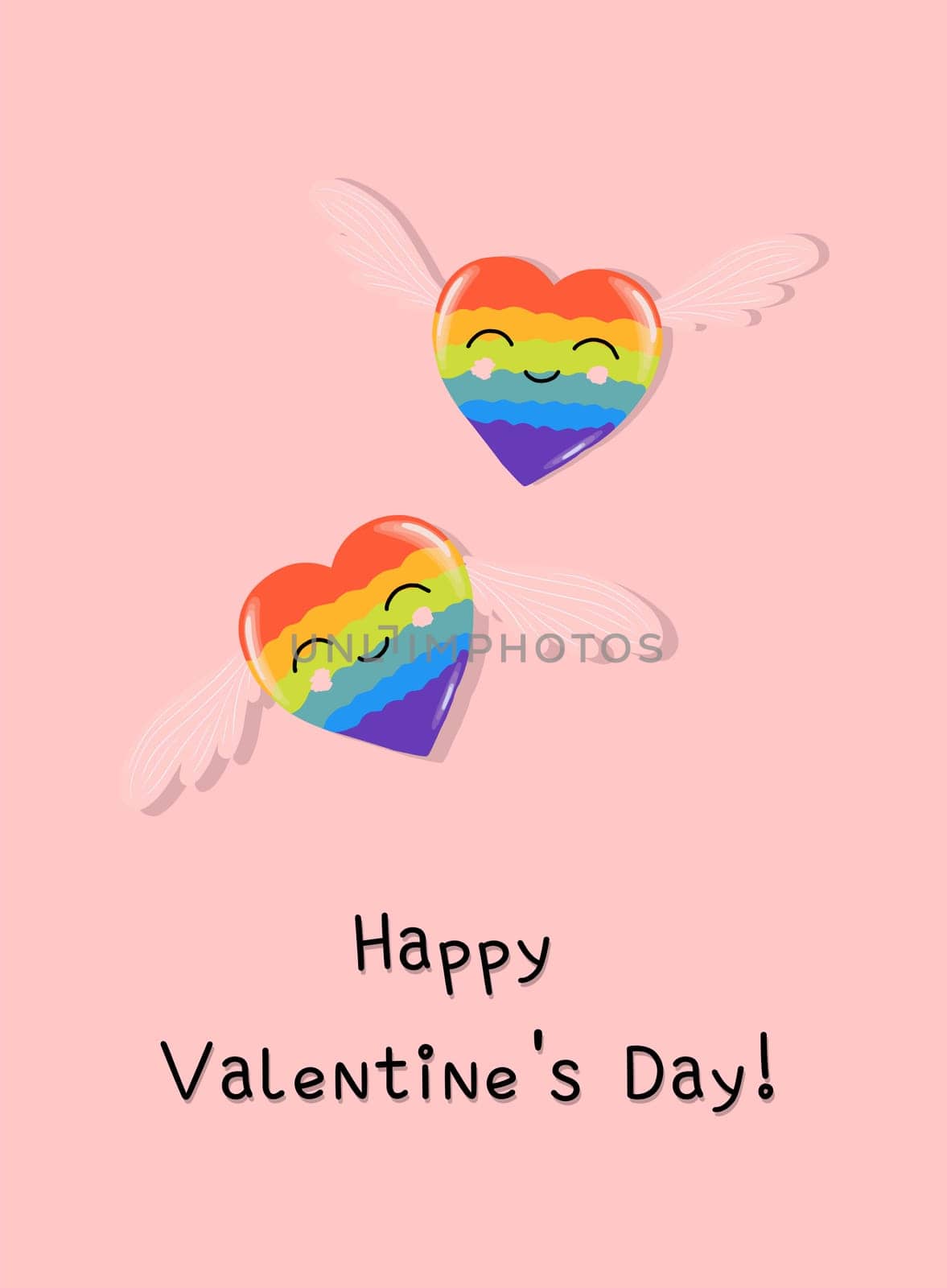 rainbow hearts, greeting card or banner for valentines day, cartoon style, cute holiday romantic poster.heart character