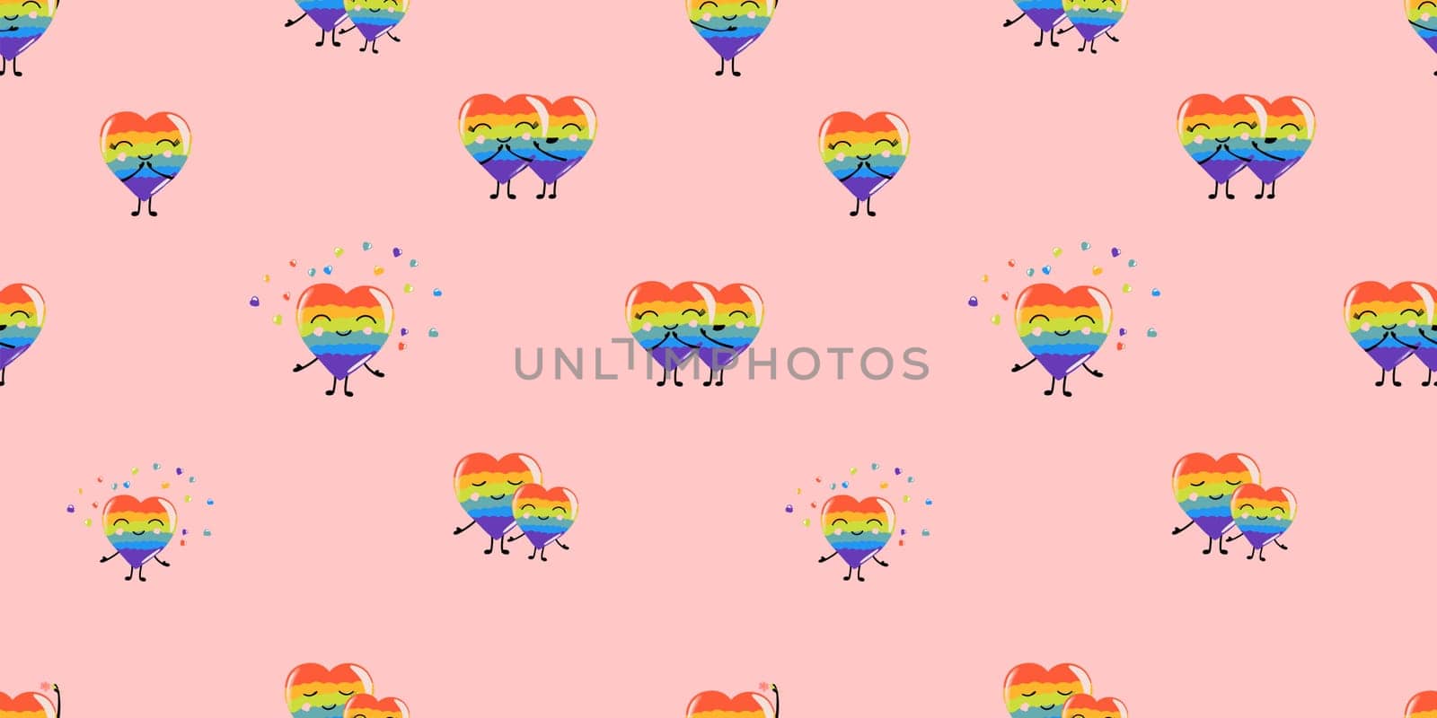 Rainbow hearts, seamless pattern for valentine's day lgbt, cartoon style, cute festive romantic background