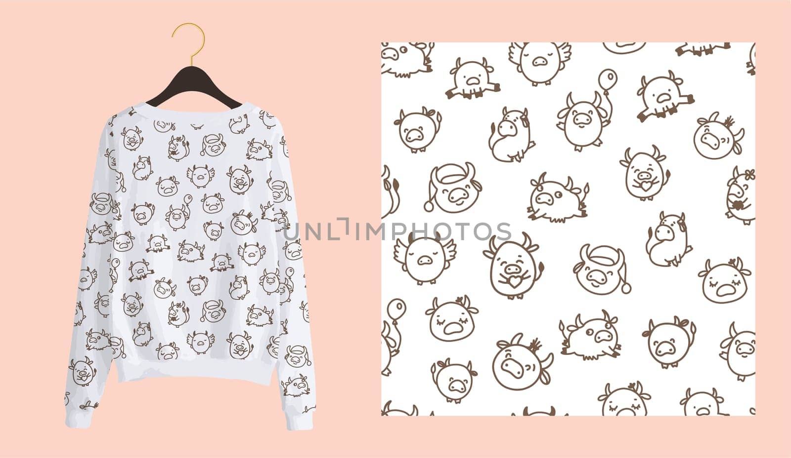 Trendy modern print for fabrics and textiles. Bulls or oxen seamless pattern. Doodle cow on a white background. Clothing design.