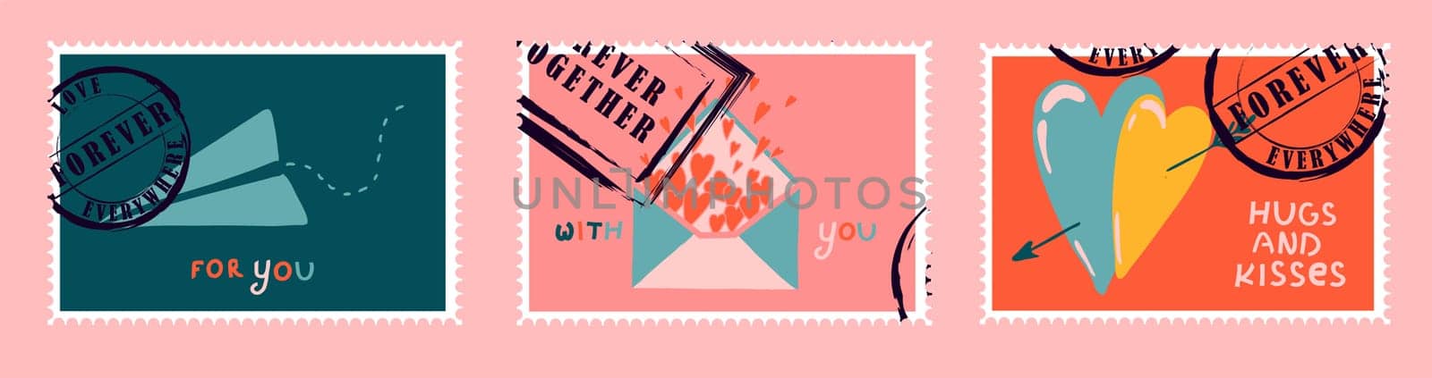romantic postage stamps. envelopes and cards for valentine's day. Top-down view. Modern vector illustration for web design and print. Retro stamps. Correspondence and postal delivery concept.