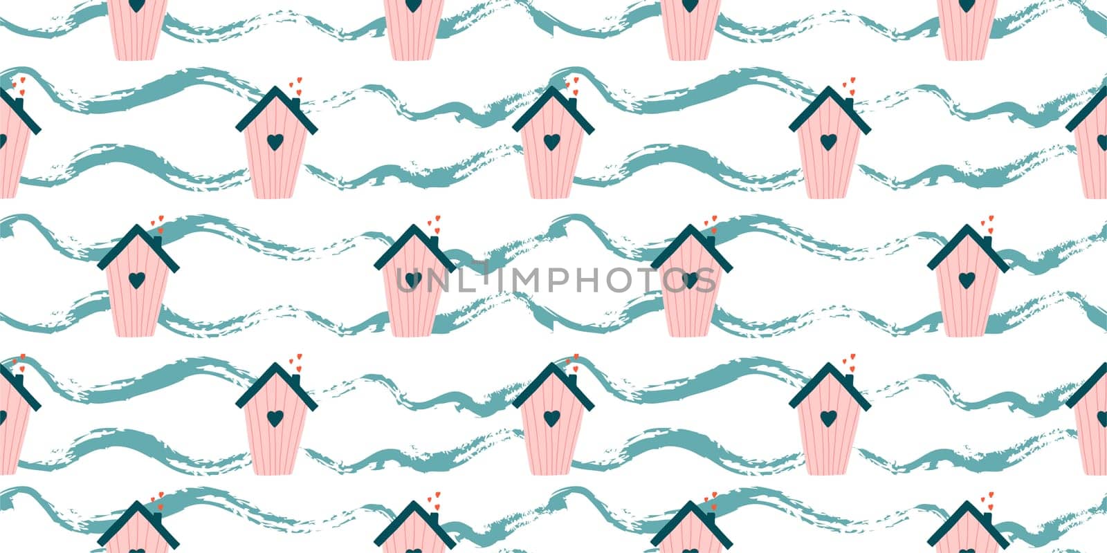 Cute love pattern. Abstract seamless pattern of love. Valentine's Day wrapping paper. Girly repeating background with birdhouses. Romantic wallpaper for girls, textiles, clothing, wrapping paper.