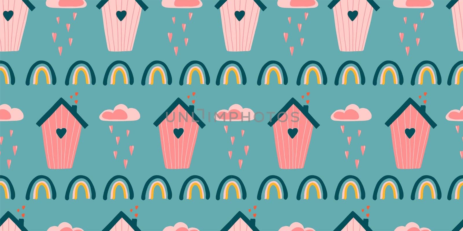 Cute love pattern. Abstract seamless pattern of love. Valentine's Day wrapping paper. Girly repeating background with birdhouses. Romantic wallpaper for girls, textiles, clothing, wrapping paper.