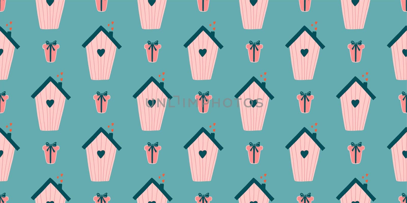 Cute love pattern. Abstract seamless pattern of love. Valentine's Day wrapping paper. Girly repeating background with birdhouses. Romantic wallpaper for girls, textiles, clothing, wrapping paper.