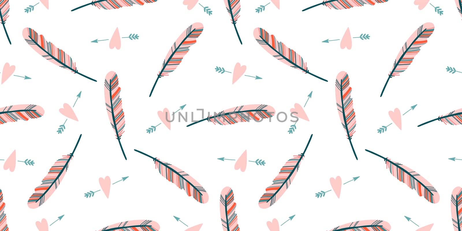 Cute love pattern. Feathers and hearts. Valentine's Day wrapping paper. Girly repeating background. Romantic wallpaper for girls, textiles, clothing, wrapping paper.