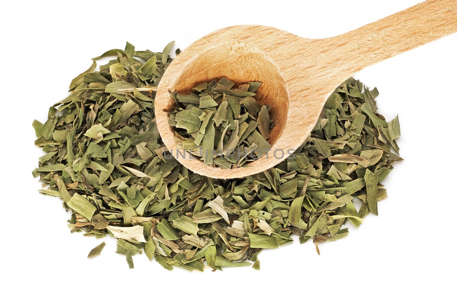 Dried Tarragon Leaves, close up and studio shot of ingredient