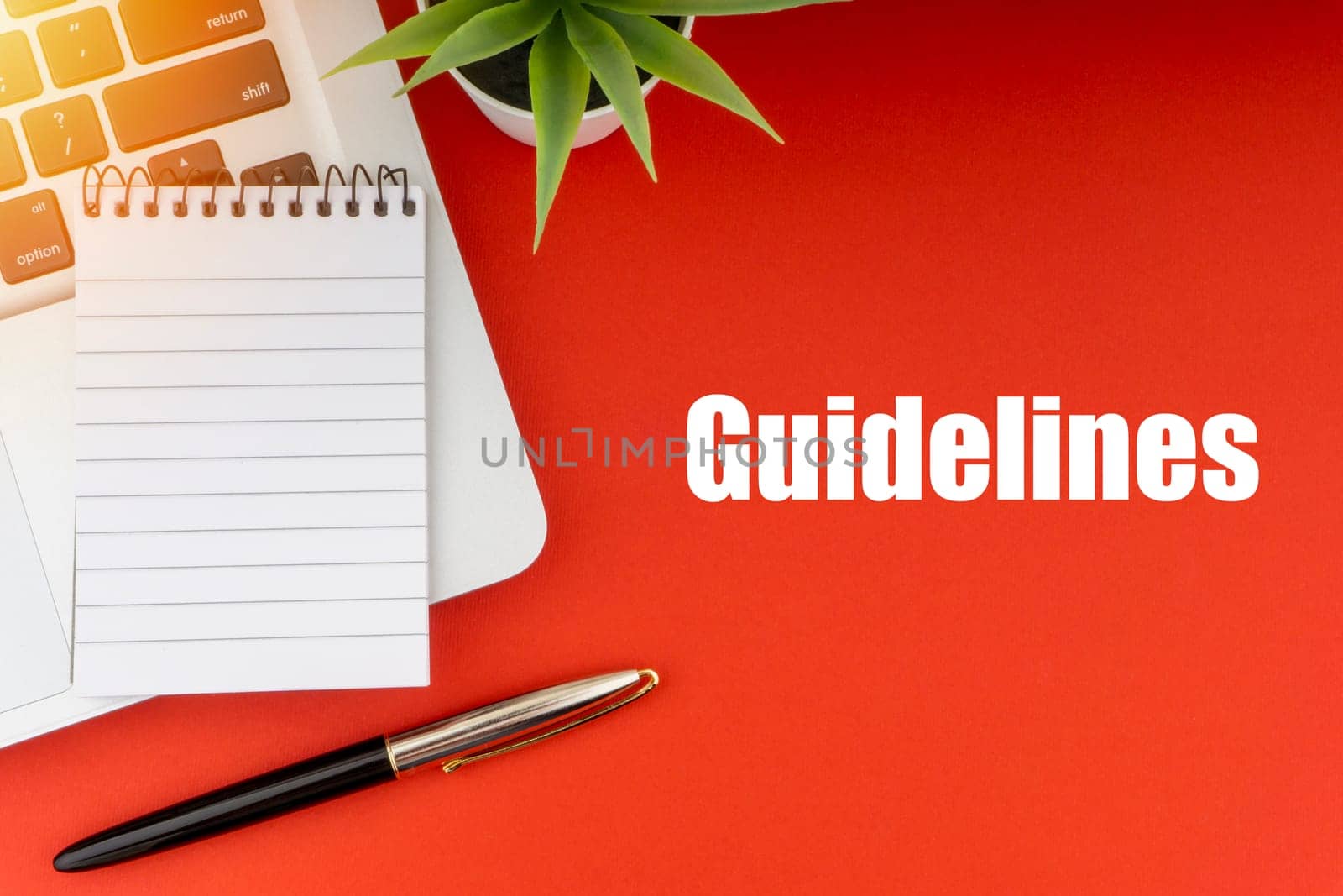 GUIDELINES text with notepad, laptop, fountain pen and decorative plant on red background. Business and Copy Space Concept