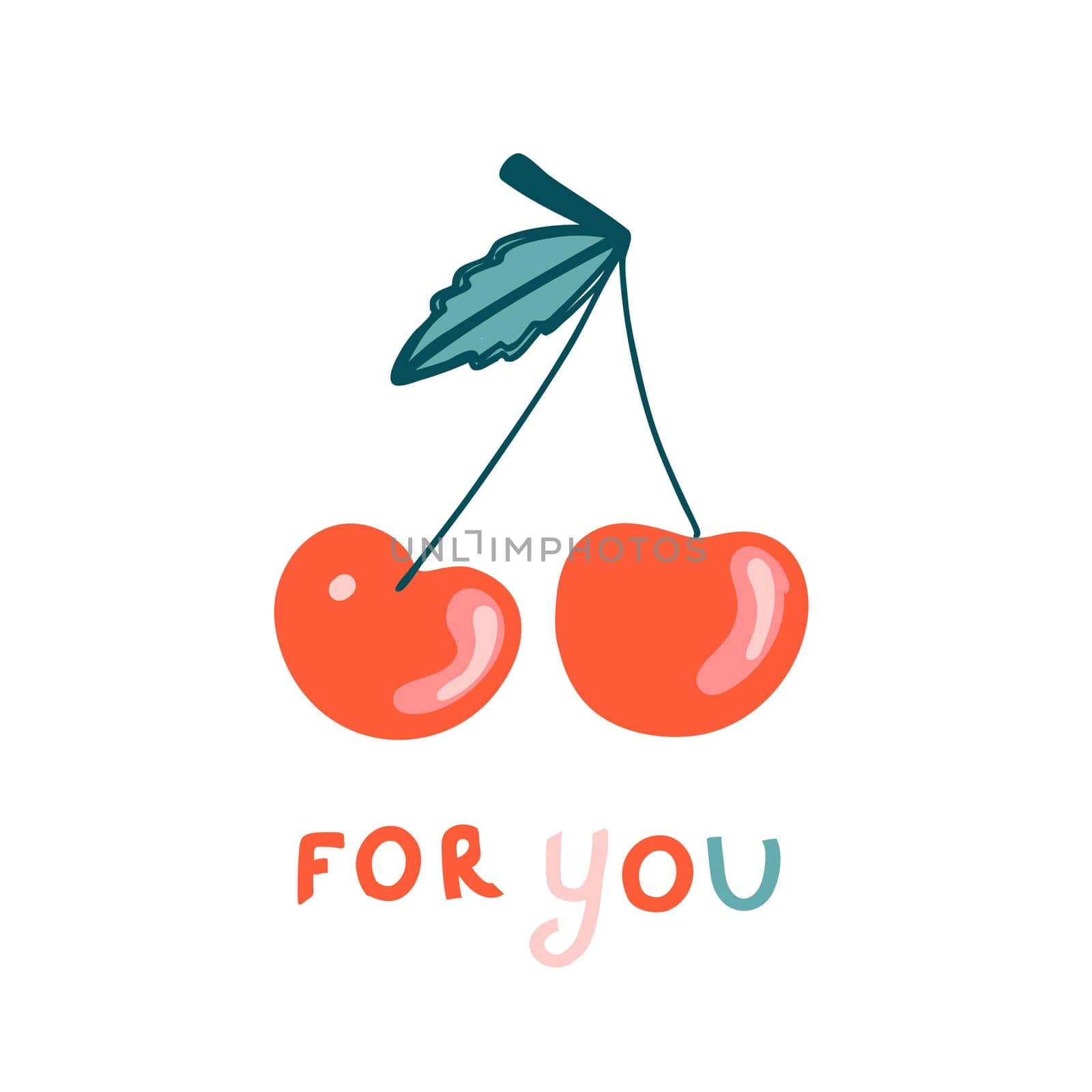 Contemporary cherry, great design for any purpose. Love symbol. Modern invitation for flyer design. Valentine's Day. Botanical print.