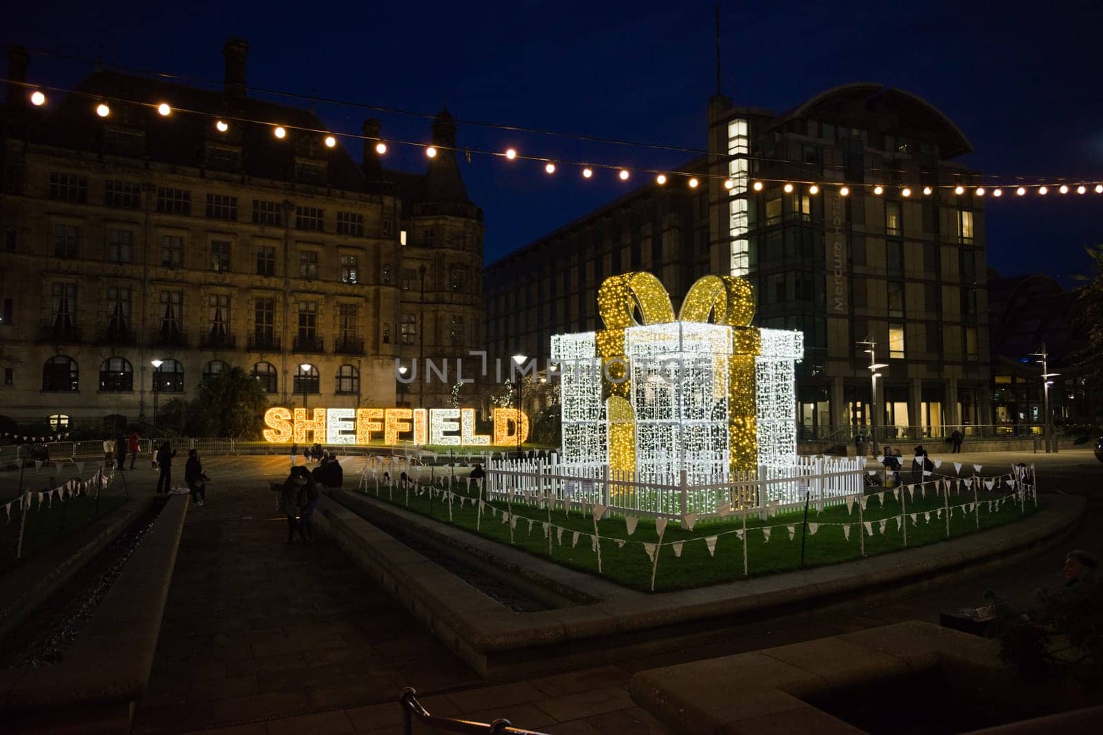 Sheffield, United Kingdom, 27th November, 2020: Wide angle image of the peace gardens in the city center featuring the annual christmas lights display