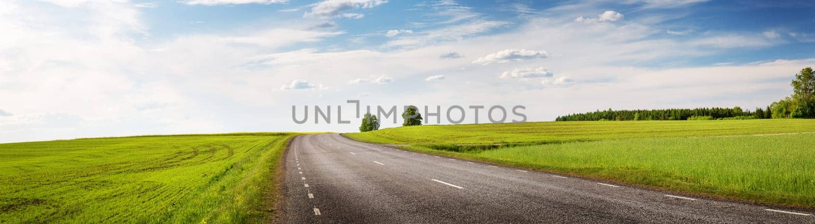 asphalt road panorama in countryside on sunny spring day