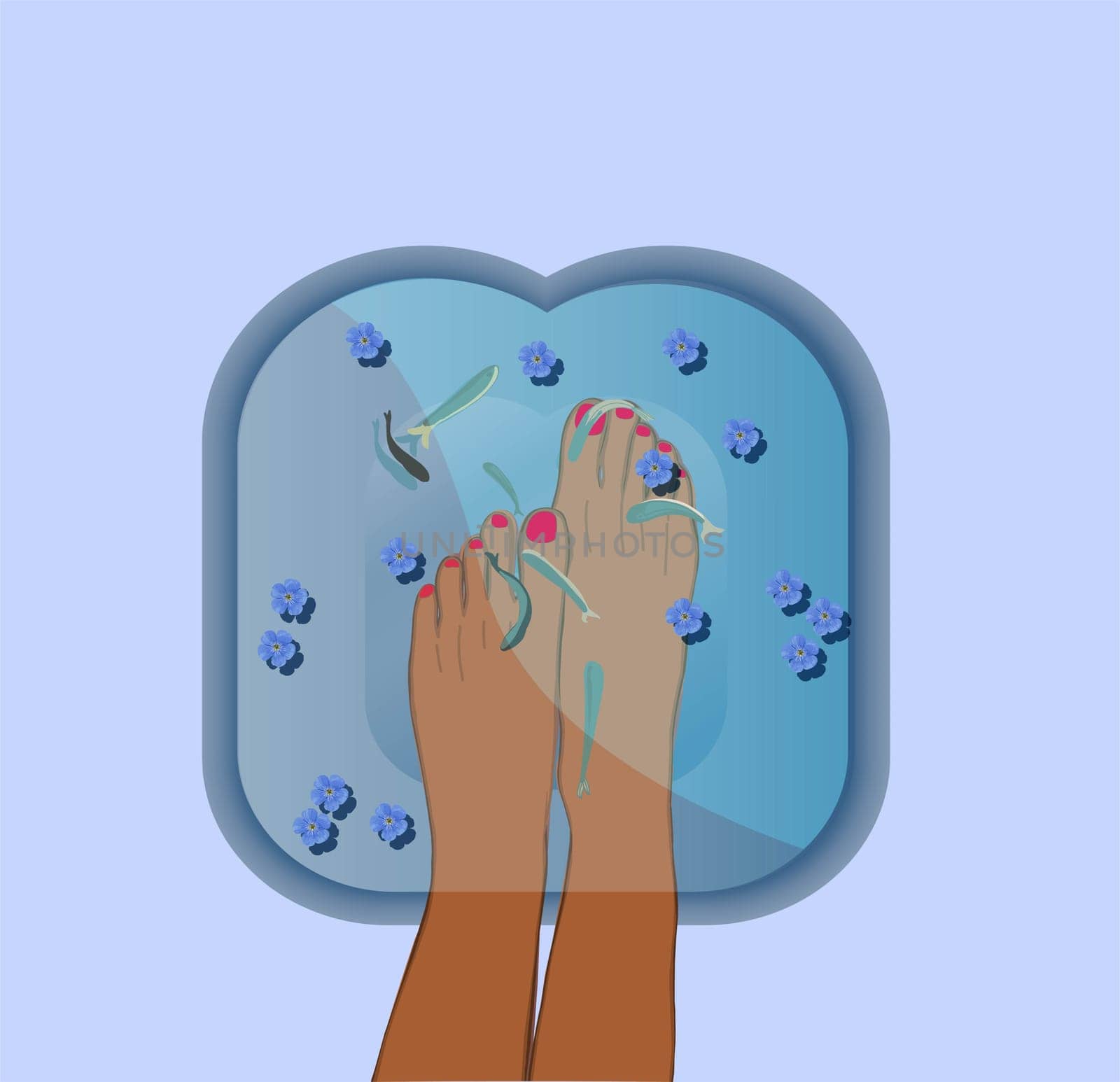 Peeling with Garra Rufa fish. pedicure in a beauty salon. Spa treatment with fish. Legs care.