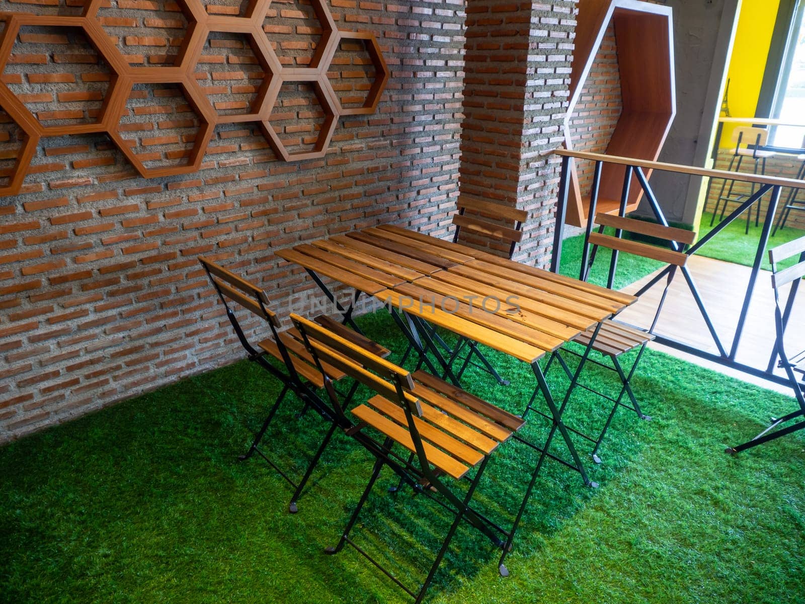the Room with communal table, chairs in vintage cafe