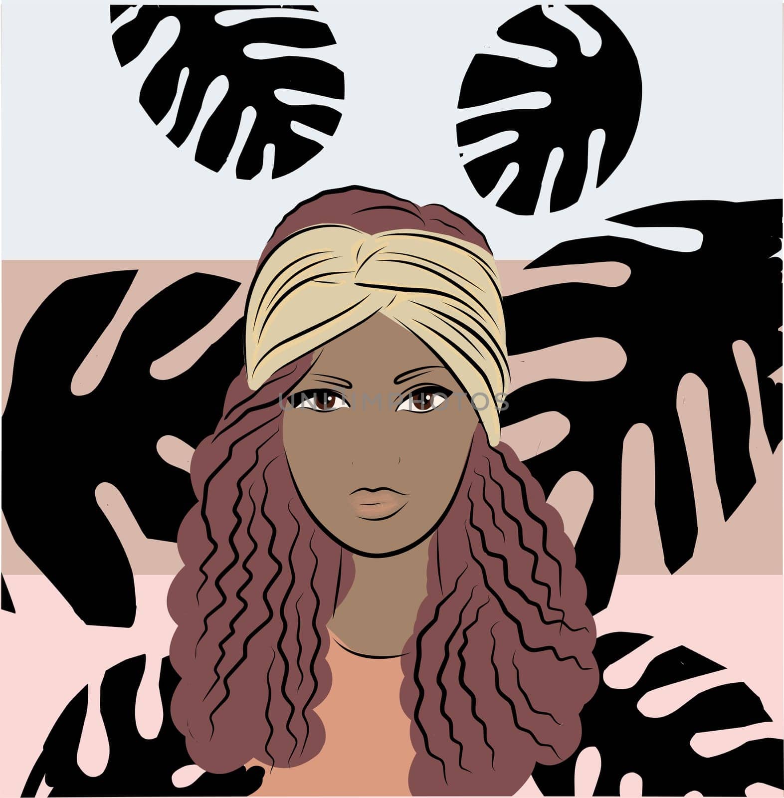 Young black woman in a scarf on her head. Background from monstera leaves. Portrait of an African American woman.