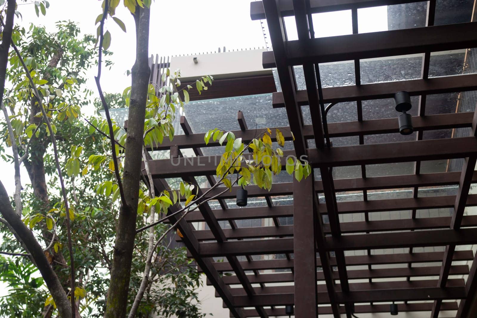 Slat roof corner in home garden, stock photo