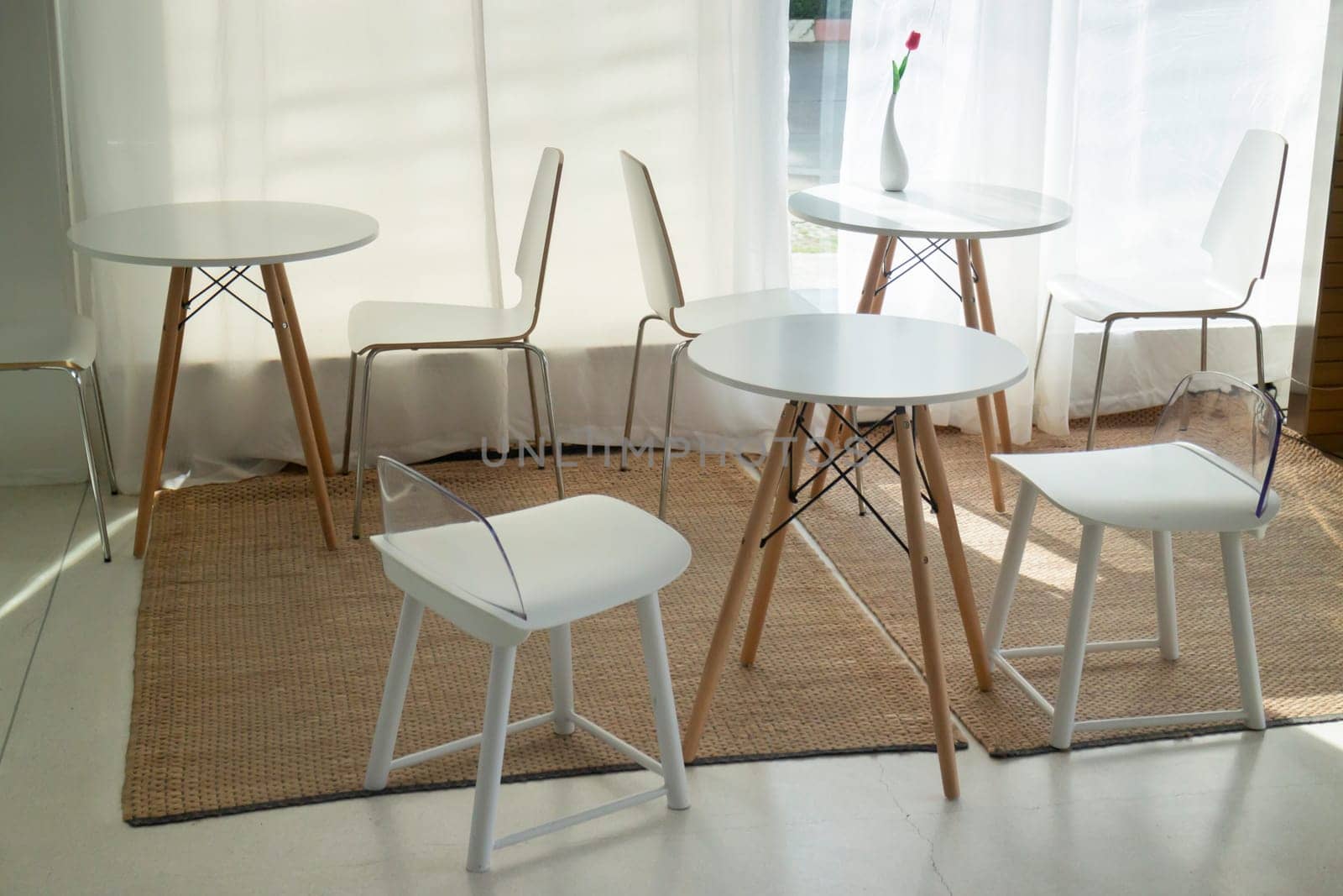 Table and seat in co-working space, stock photo