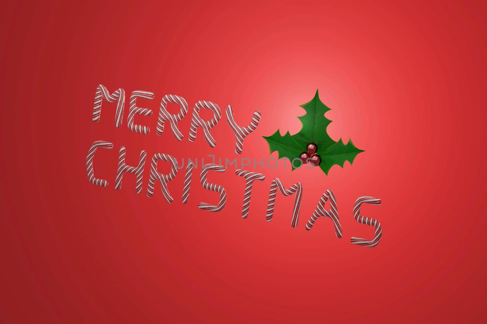 3D Rendering  , Merry Christmas text Calligraphic berry and leavesLettering design card template.