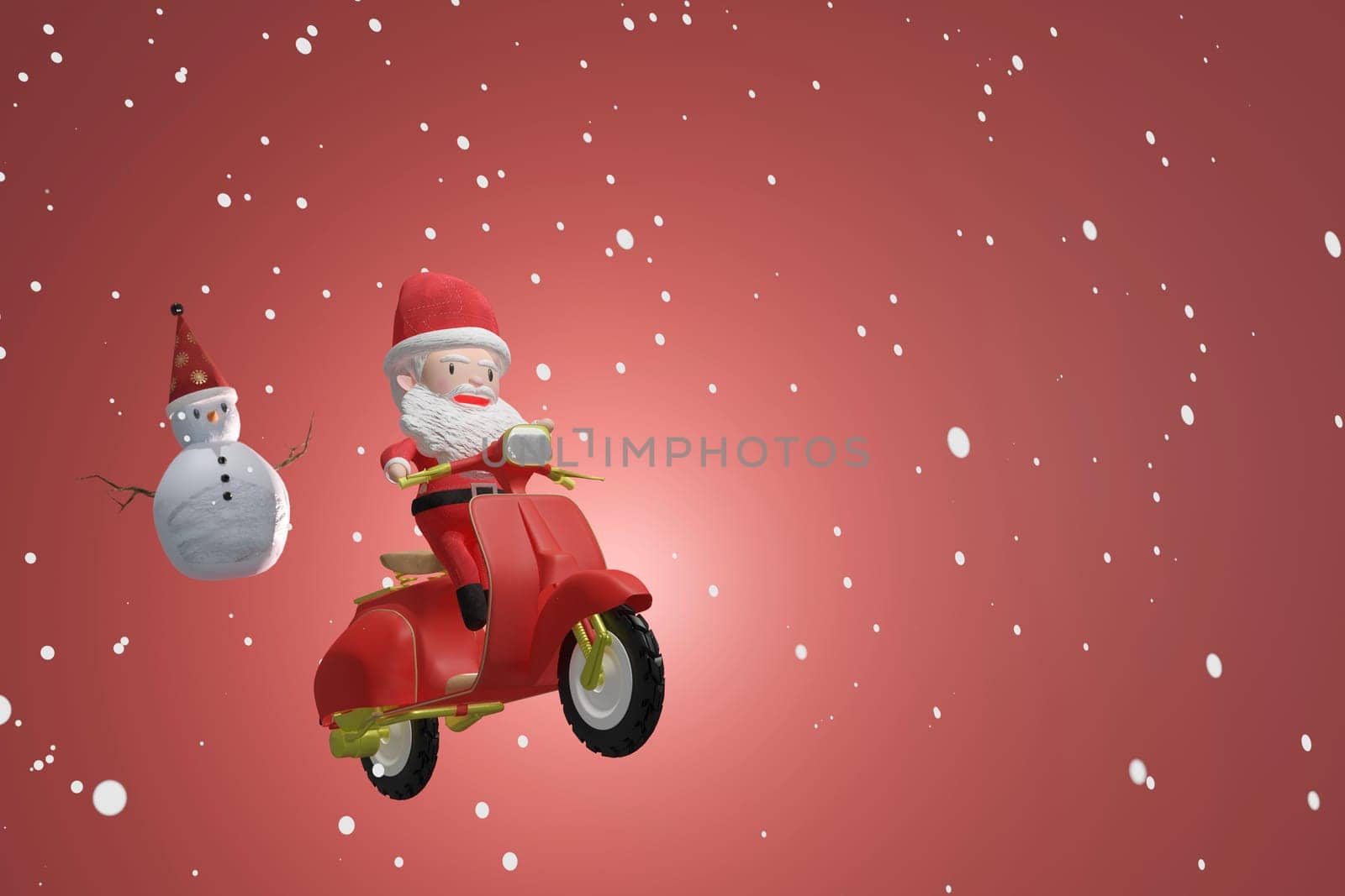 3D Rendering  , Santa claus riding a scooter and Snowman , Concept Holiday greeting card, advertising, promotion, banner, Christmas background.