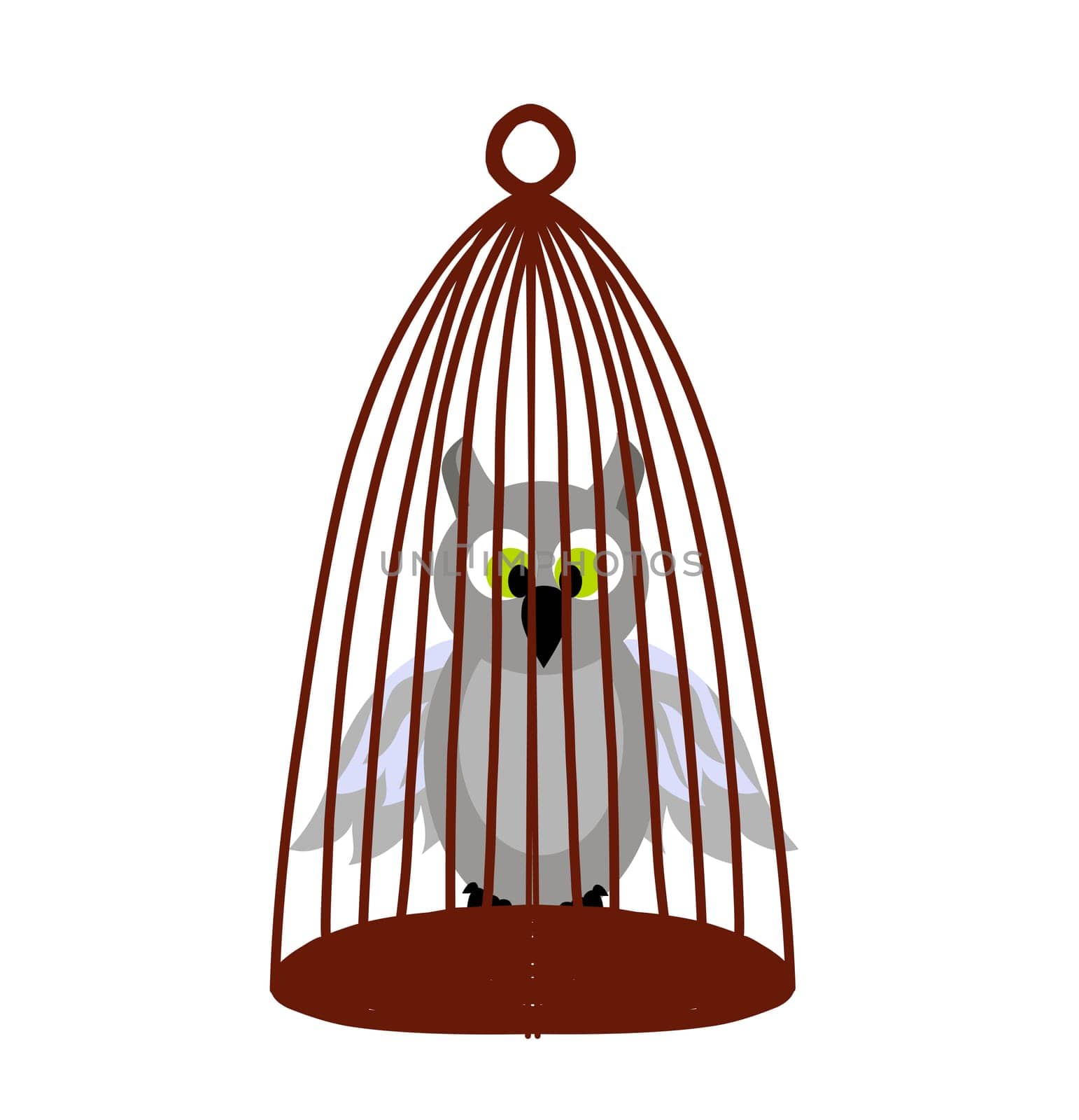 Vintage cartoon icon with potter owl cage on white background for banner design. Imagination concept. Isolated object. Vector design banner.