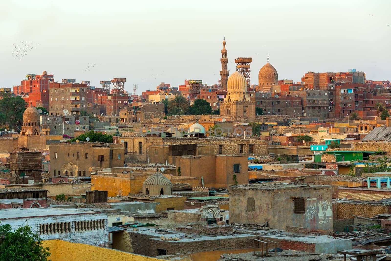 Old part of Cairo, capital of Egypt, panorama of the dead city or city of the dead. Necropolis and old cemetery where they live alive with the dead.