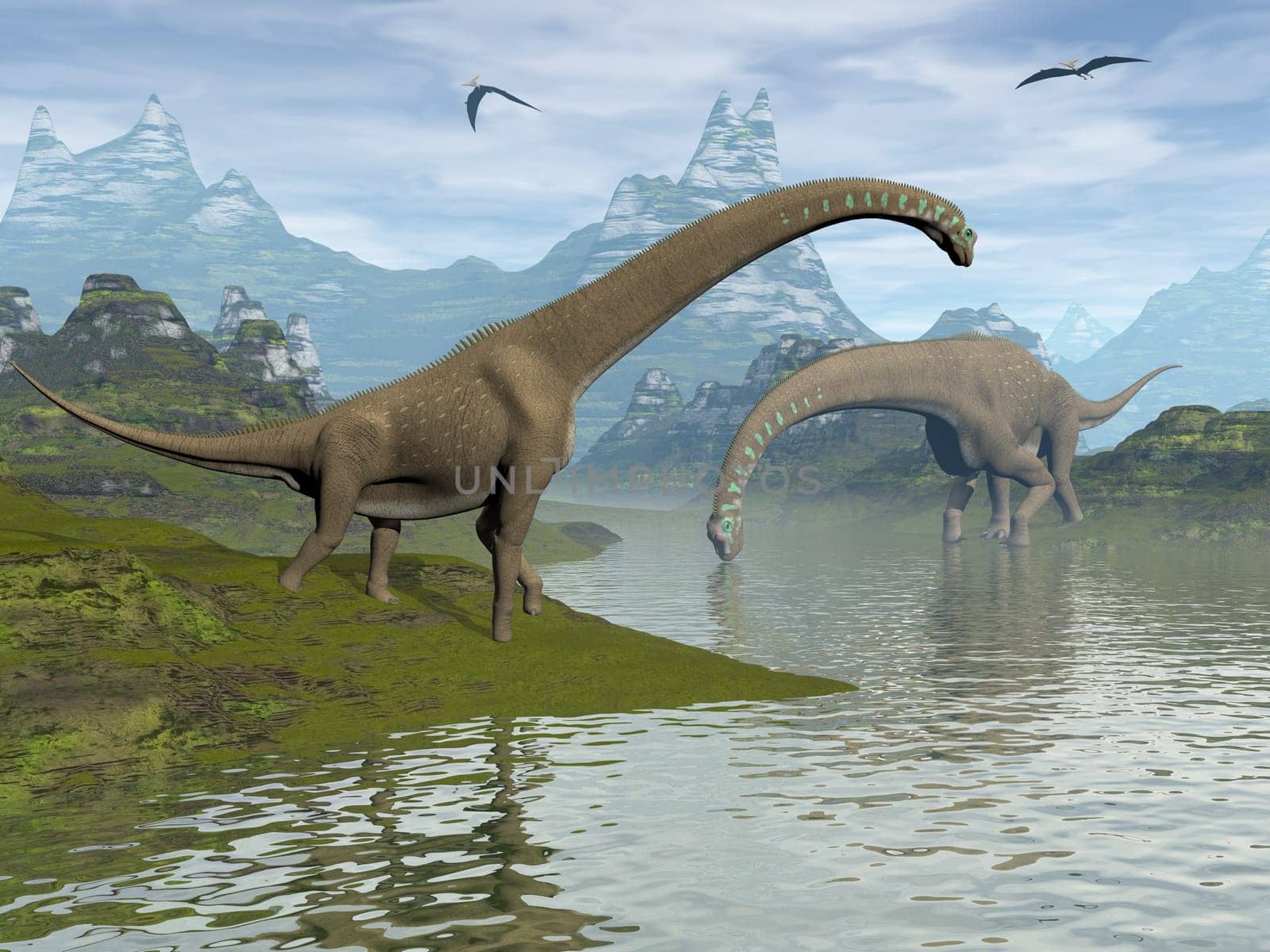 Giraffatitan dinosaurs walking in a landscape by day - 3D render