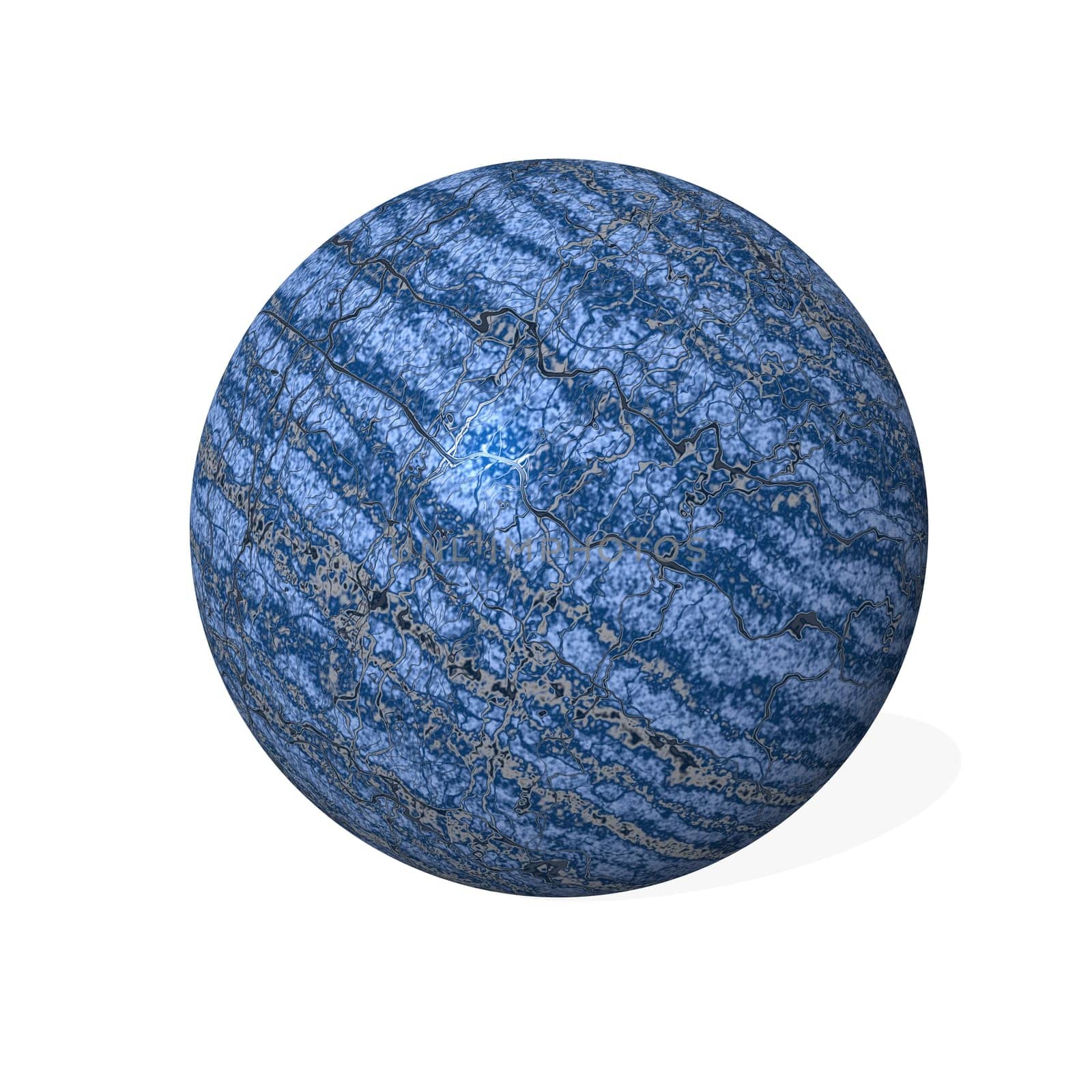 Blue marble sphere with little shadow isolated in white background - 3D render