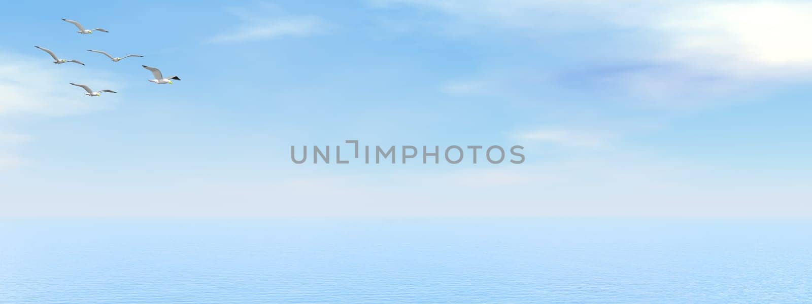 Seagulls flying upon the ocean by day - 3D render