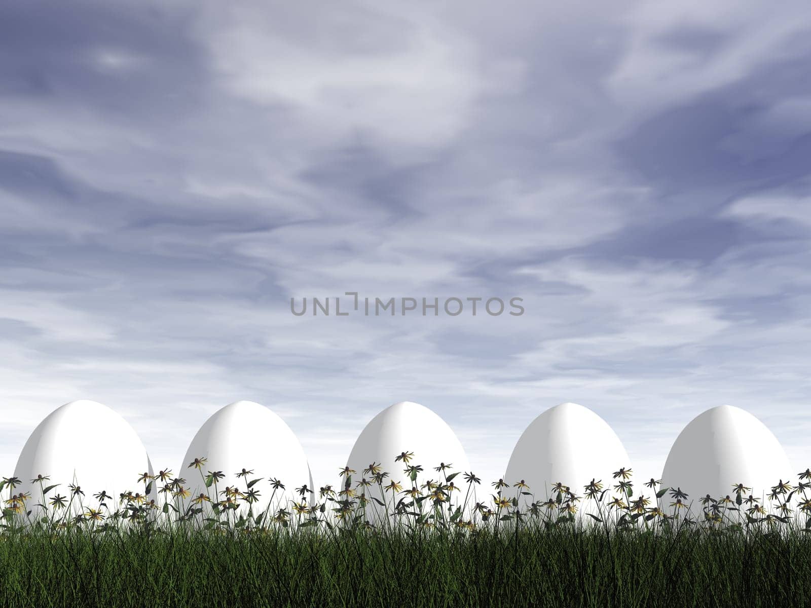 Easter eggs in nature by cloudy day - 3D render