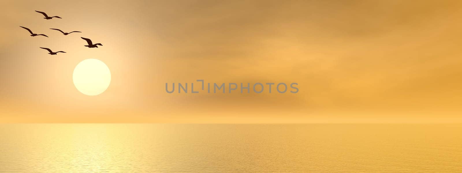 Seagulls flying upon the ocean by sunset- 3D render