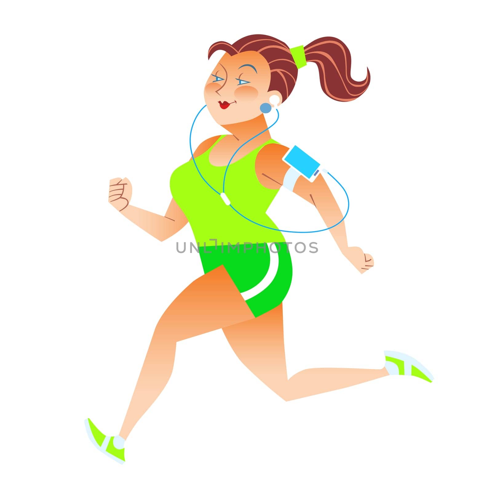 Sporty woman running herding weight kilocalories listens to music player health fitness