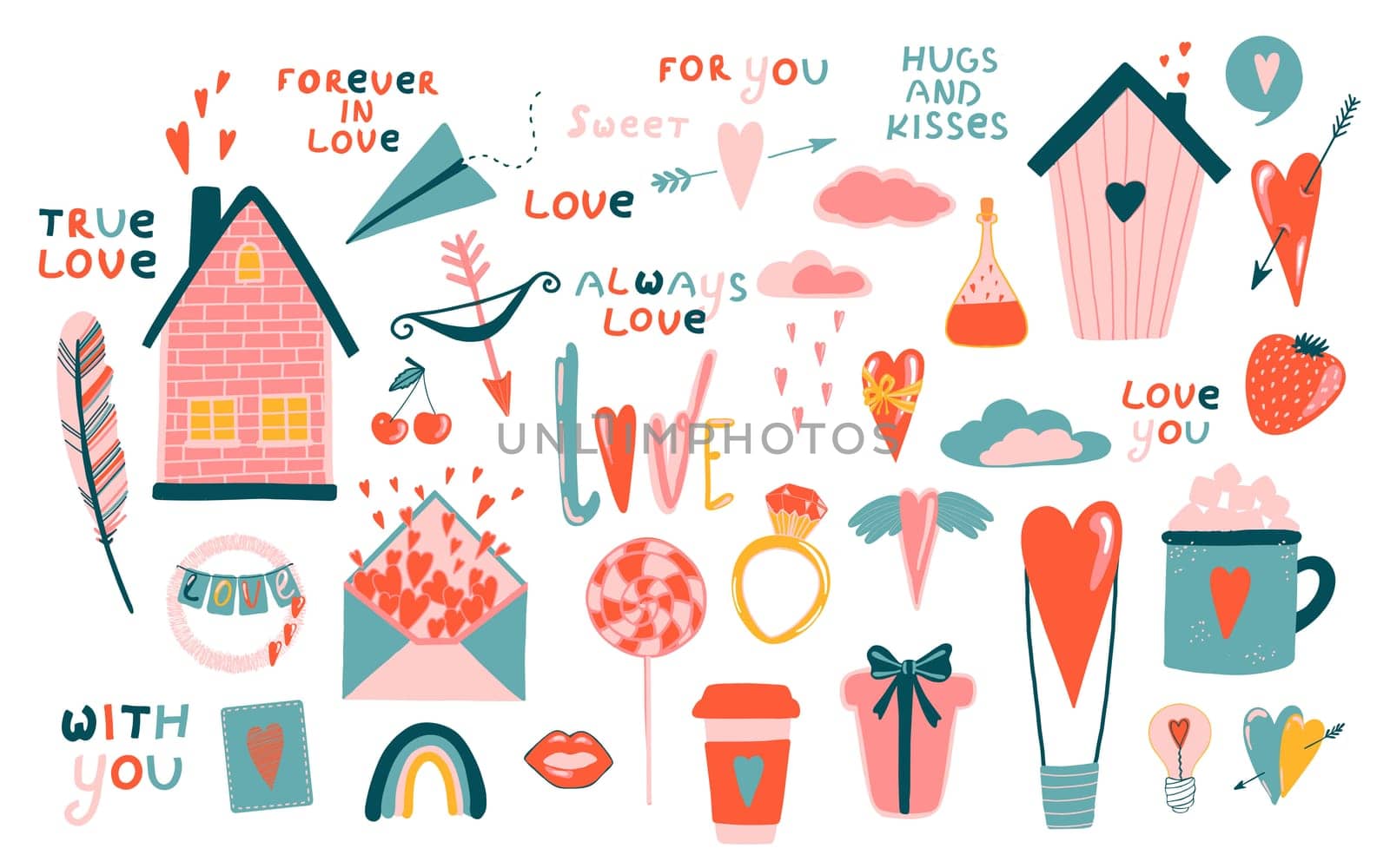 Collection of cartoons. Heart vector shape love icon. Valentine's day .. Festive gift background. White background isolated. Trendy vector illustration. Decorative symbol. Decorative print.