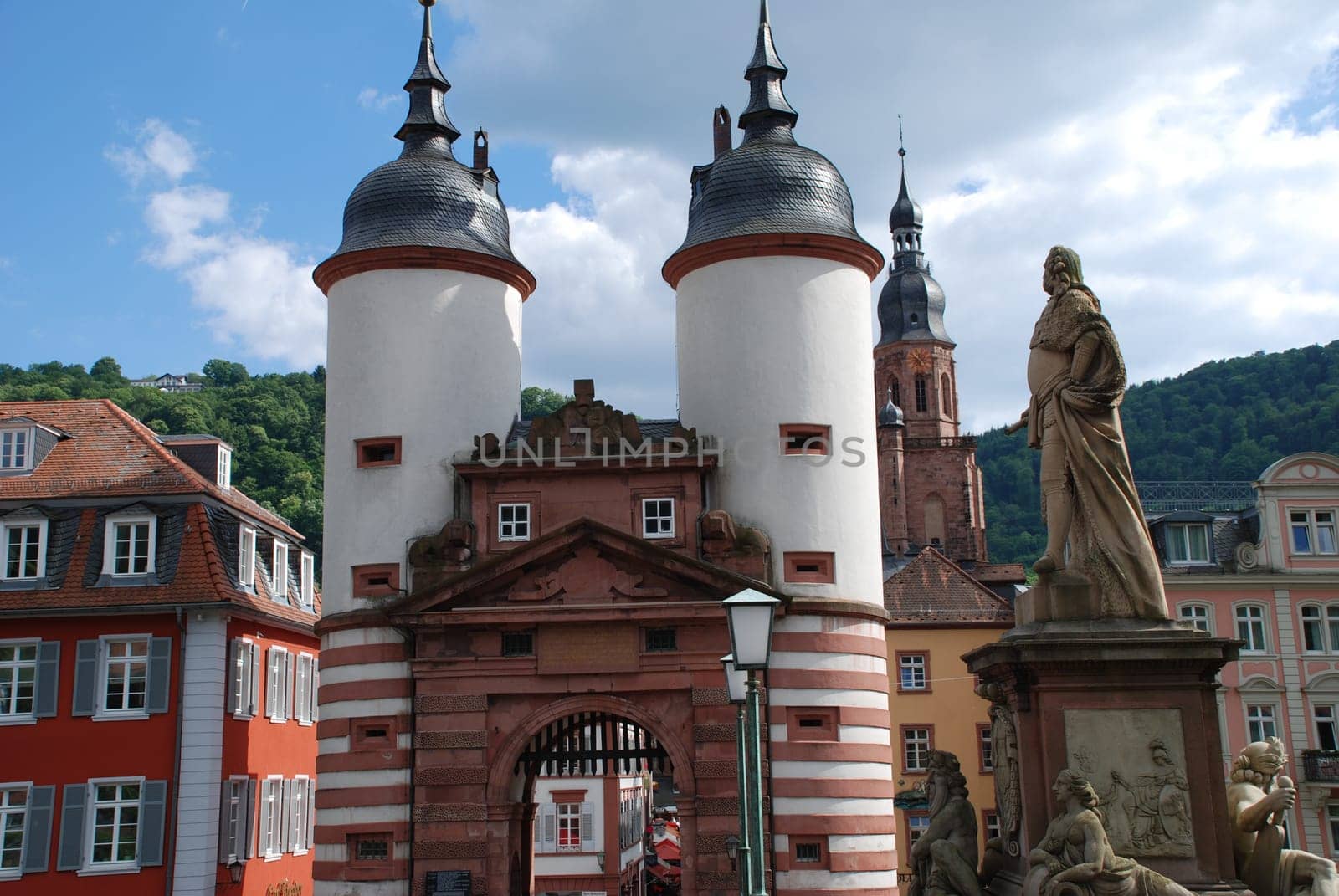 Two bridge towers at the Old Bridge in Heidelberg,Baden Württemberg.